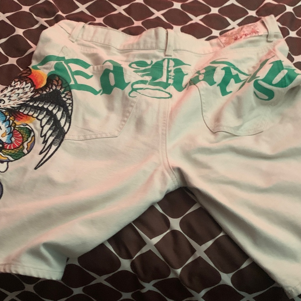 Ed Hardy White Denim Shorts with Teal Logo and Multicolor Tattoo Art
